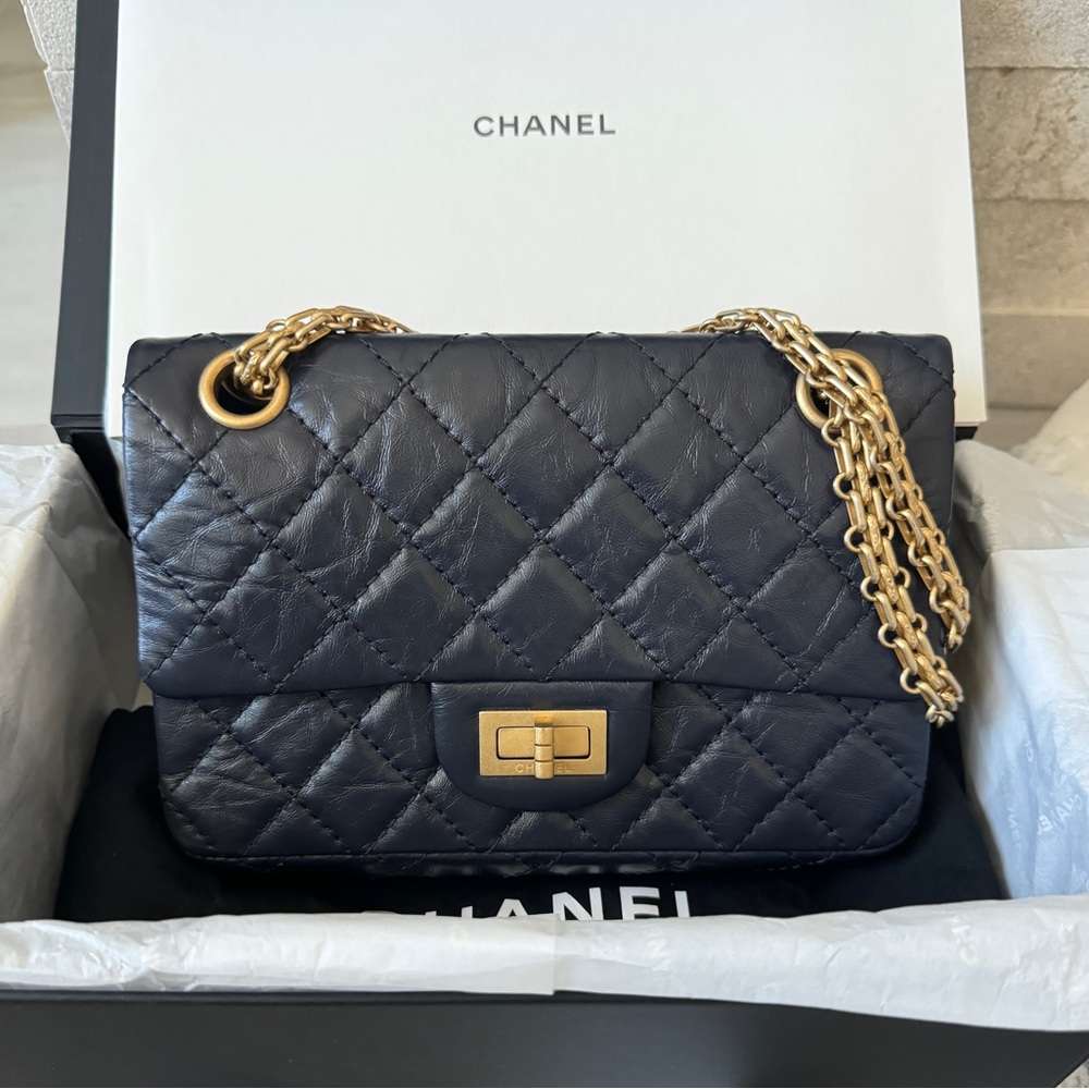 Chanel Navy Blue Mini Reissue Bag In Aged Calfskin Brushed Gold Hardware